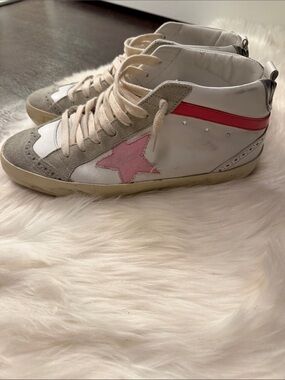 Golden Goose Kids High-Top Sneakers in White with Pink Star and Pink Stripe